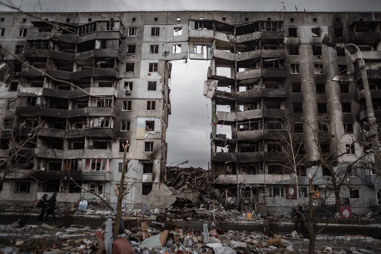 A residential building destroyed by the fighting in the Donbas region.
